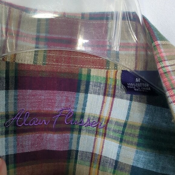 Alan Flusser Button Down Medium Plaid Green NWT - Picture 7 of 9